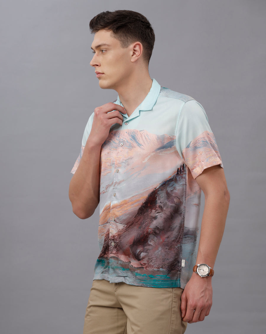 GREEN AOP REGULAR FIT POLYESTER SHIRT