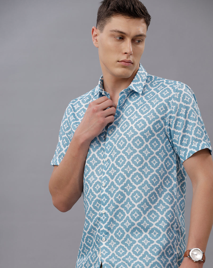BLUE BOXY FIT POLYESTER SHIRT