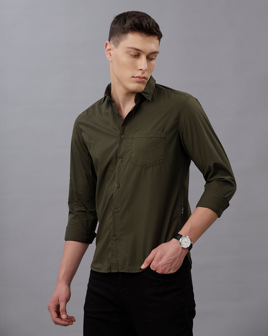 DARK GREEN REGULAR  FIT COTTON POPLIN SHIRT