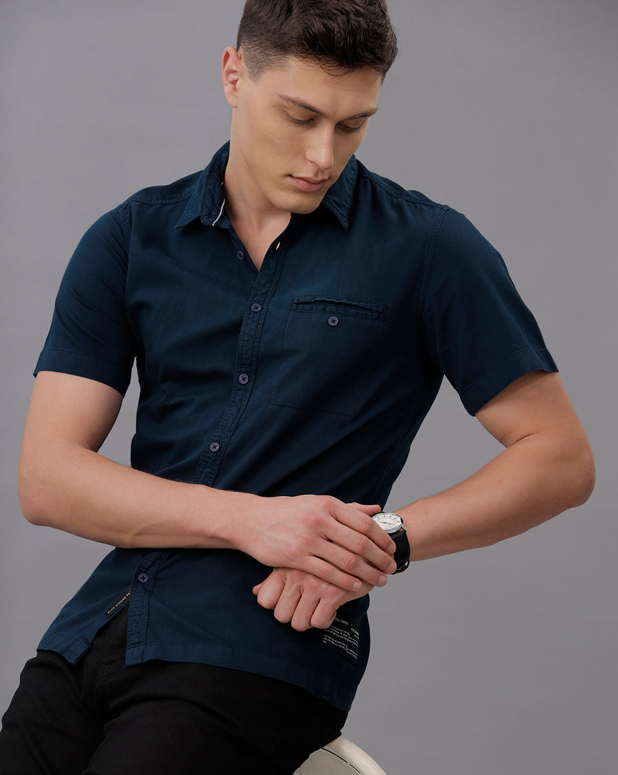 NAVY SLIM FIT COTTON SHIRT
