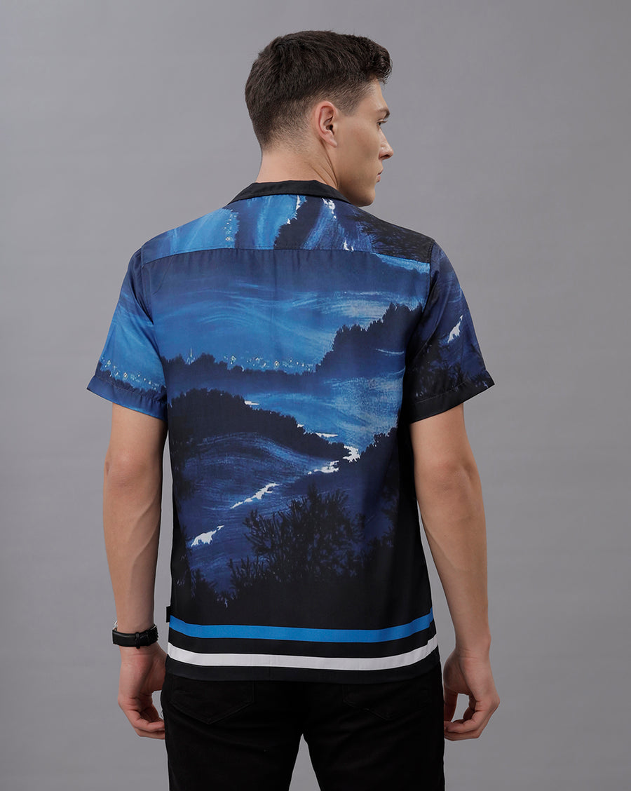 NAVY AOP REGULAR FIT POLYESTER SHIRT