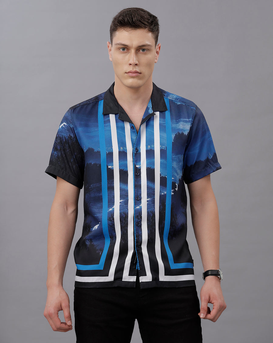 NAVY AOP REGULAR FIT POLYESTER SHIRT