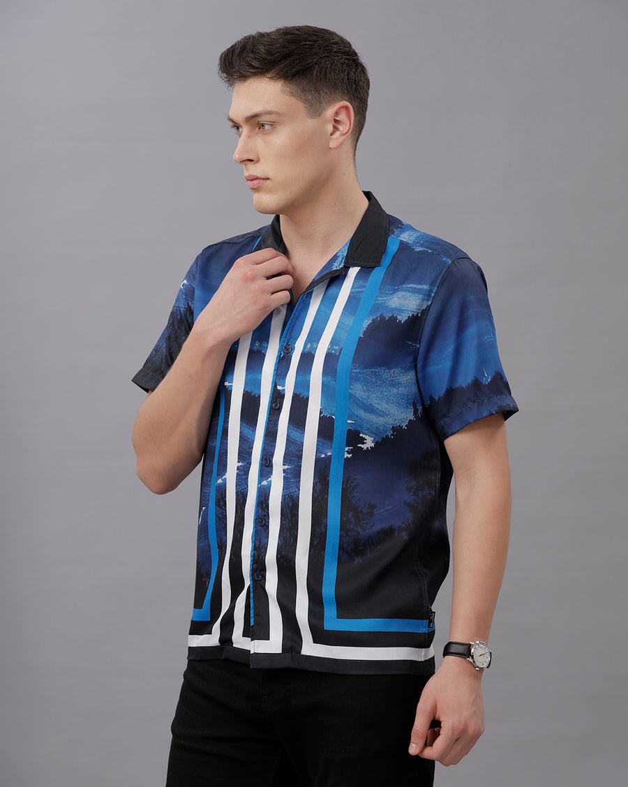 NAVY AOP REGULAR FIT POLYESTER SHIRT