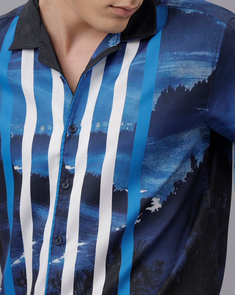 NAVY AOP REGULAR FIT POLYESTER SHIRT