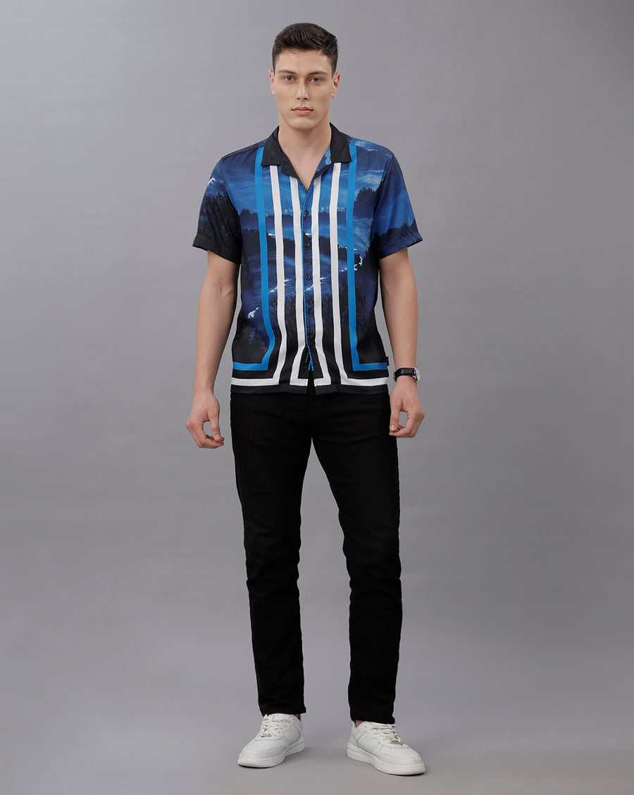 NAVY AOP REGULAR FIT POLYESTER SHIRT