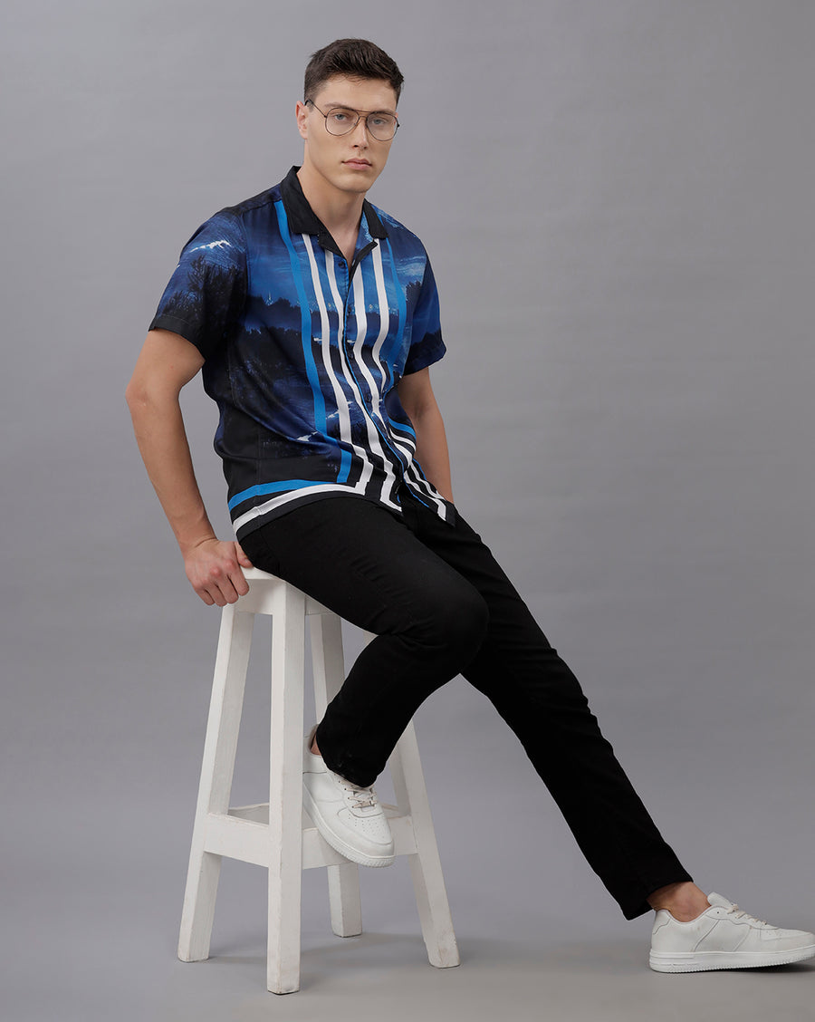 NAVY AOP REGULAR FIT POLYESTER SHIRT