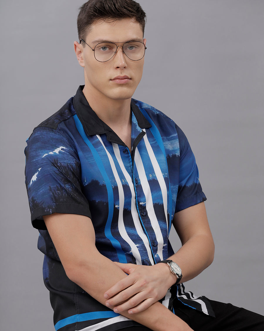NAVY AOP REGULAR FIT POLYESTER SHIRT