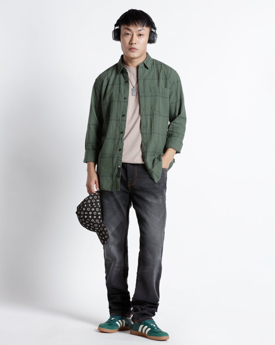 OLIVE NAVY REGULAR  FIT COTTON SHIRT