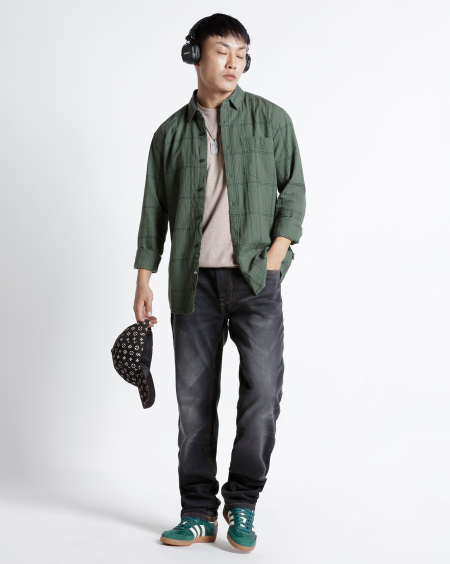 OLIVE NAVY REGULAR  FIT COTTON SHIRT