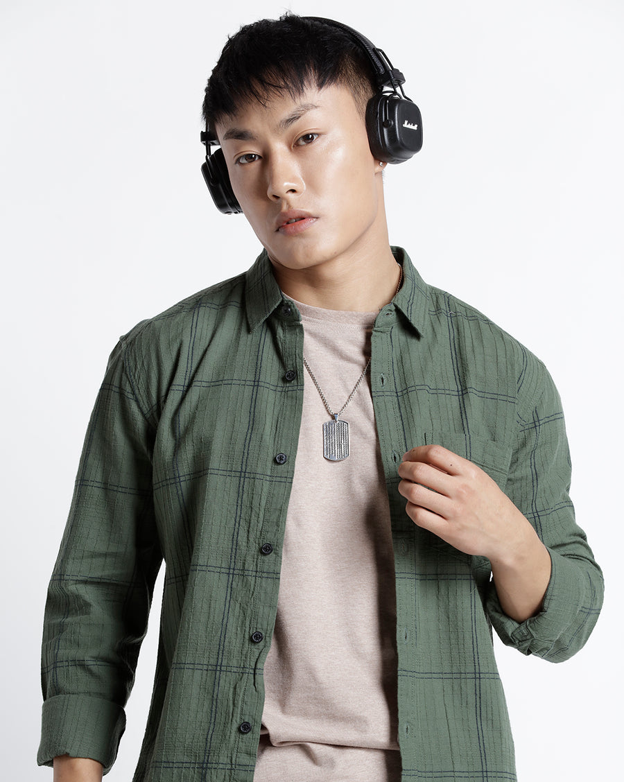 OLIVE NAVY REGULAR  FIT COTTON SHIRT