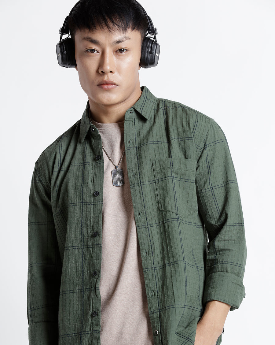 OLIVE NAVY REGULAR  FIT COTTON SHIRT