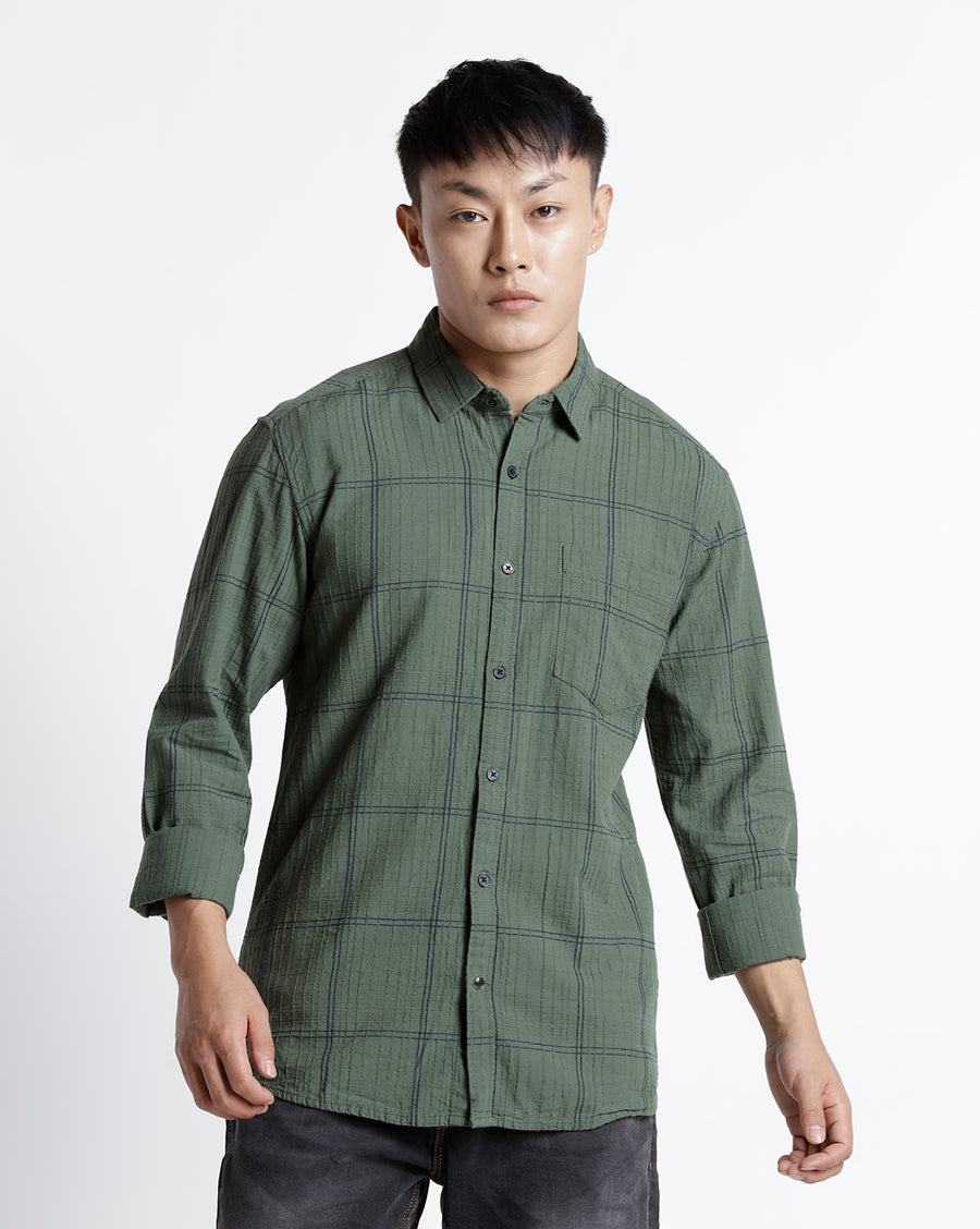 OLIVE NAVY REGULAR  FIT COTTON SHIRT