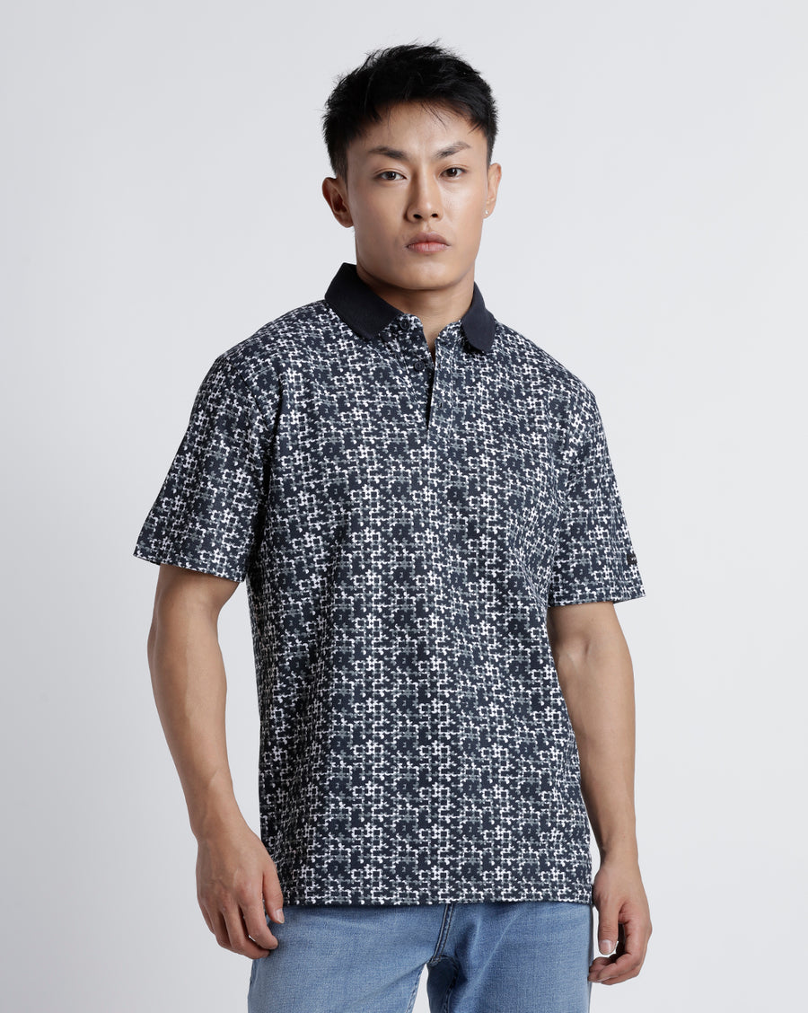 Printed Dark Navy Regular Fit Casual T-Shirt