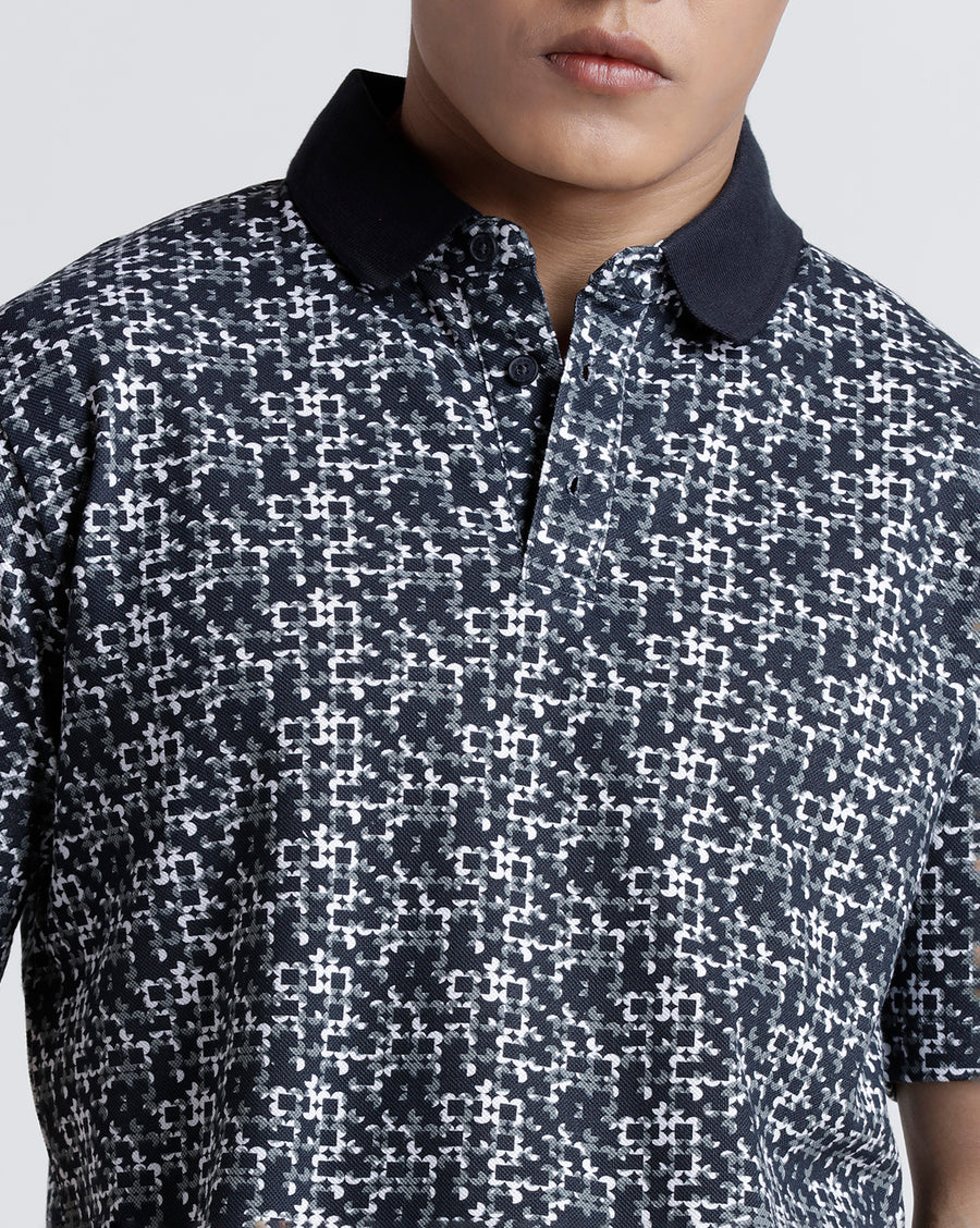 Printed Dark Navy Regular Fit Casual T-Shirt