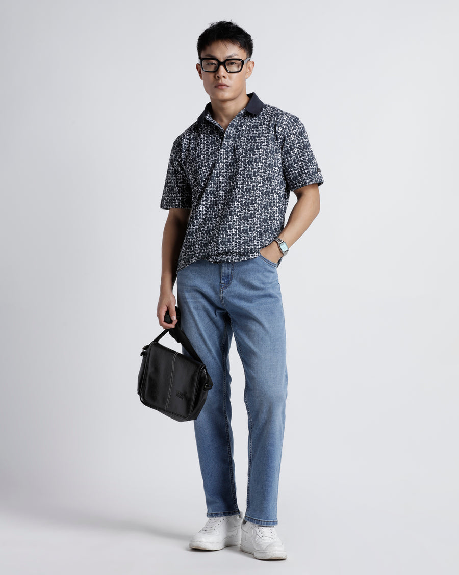 Printed Dark Navy Regular Fit Casual T-Shirt
