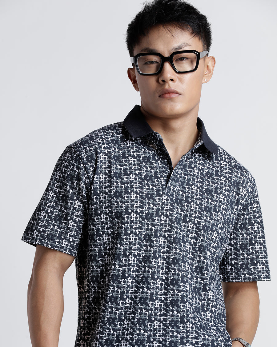 Printed Dark Navy Regular Fit Casual T-Shirt