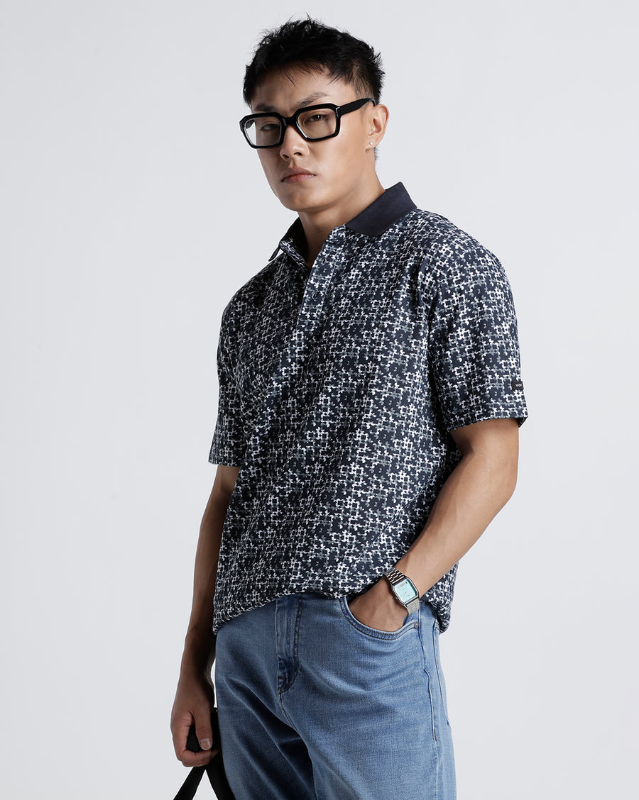Printed Dark Navy Regular Fit Casual T-Shirt