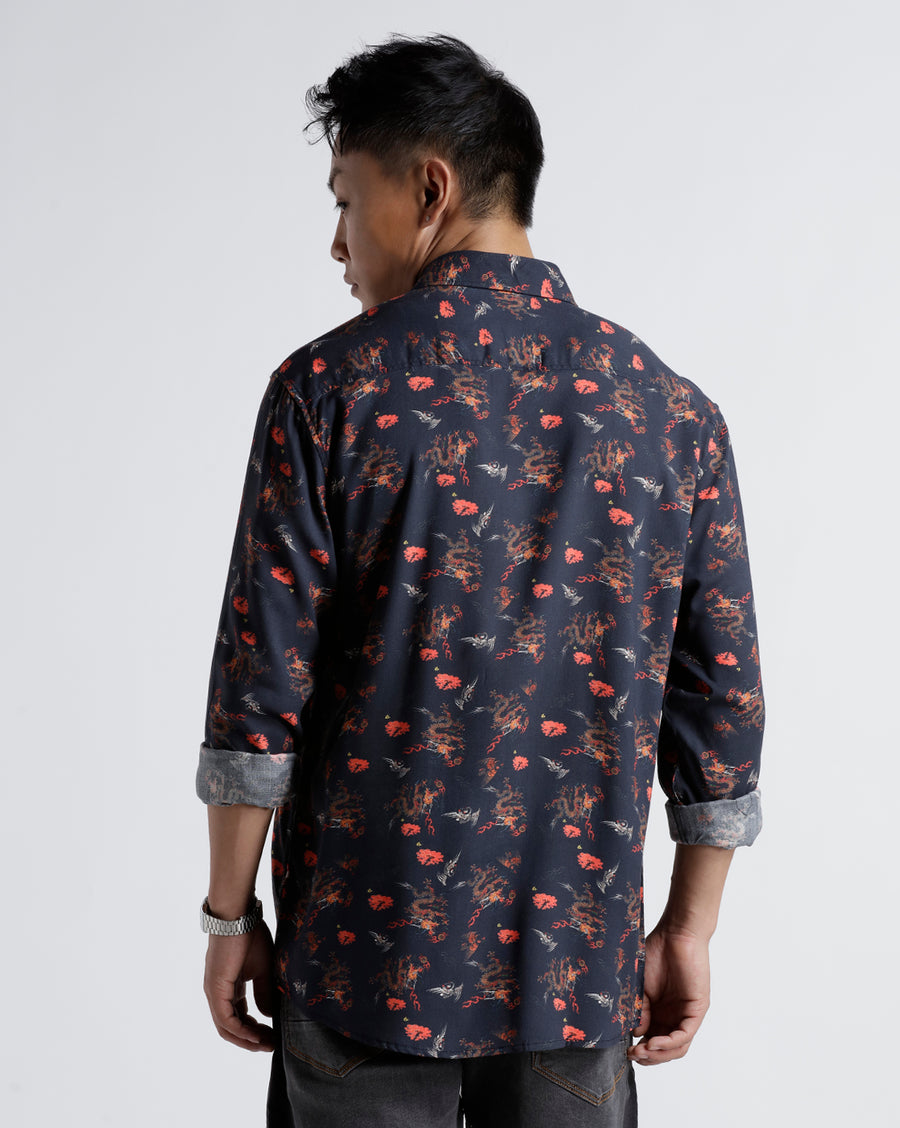 BLACK RED REGULAR  FIT VISCOSE SHIRT