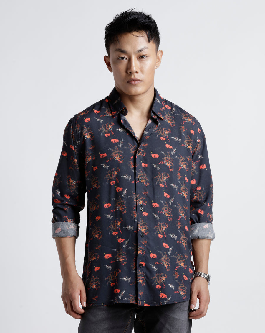 BLACK RED REGULAR  FIT VISCOSE SHIRT