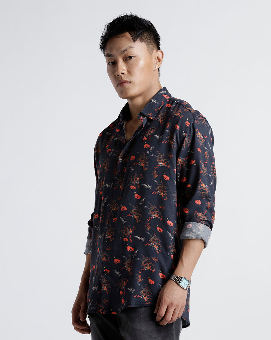BLACK RED REGULAR  FIT VISCOSE SHIRT