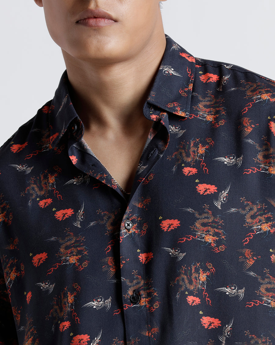 BLACK RED REGULAR  FIT VISCOSE SHIRT