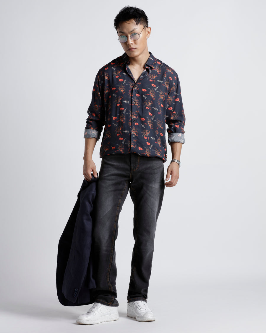 BLACK RED REGULAR  FIT VISCOSE SHIRT