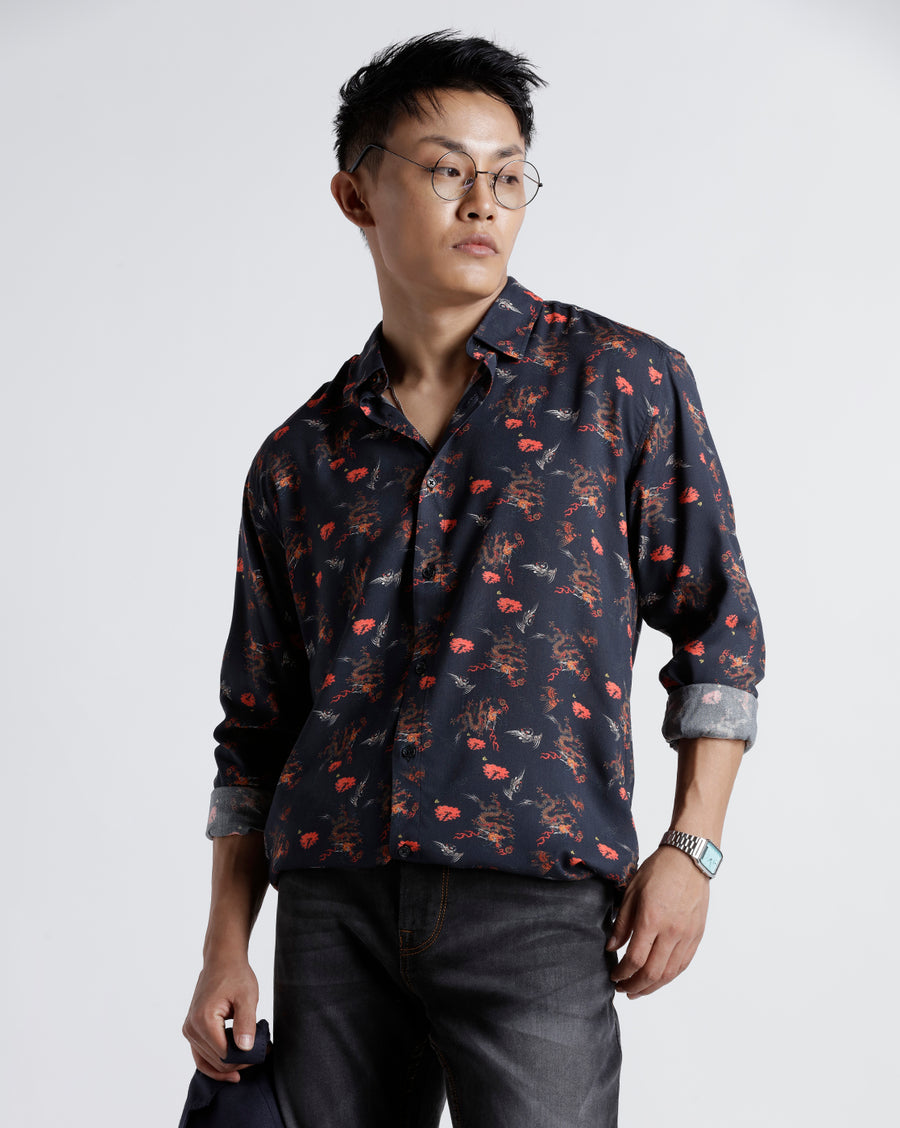 BLACK RED REGULAR  FIT VISCOSE SHIRT