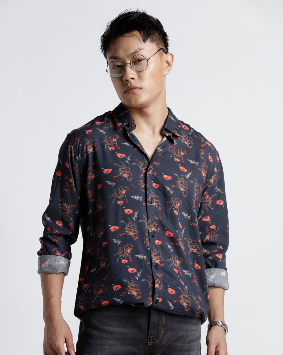 BLACK RED REGULAR  FIT VISCOSE SHIRT