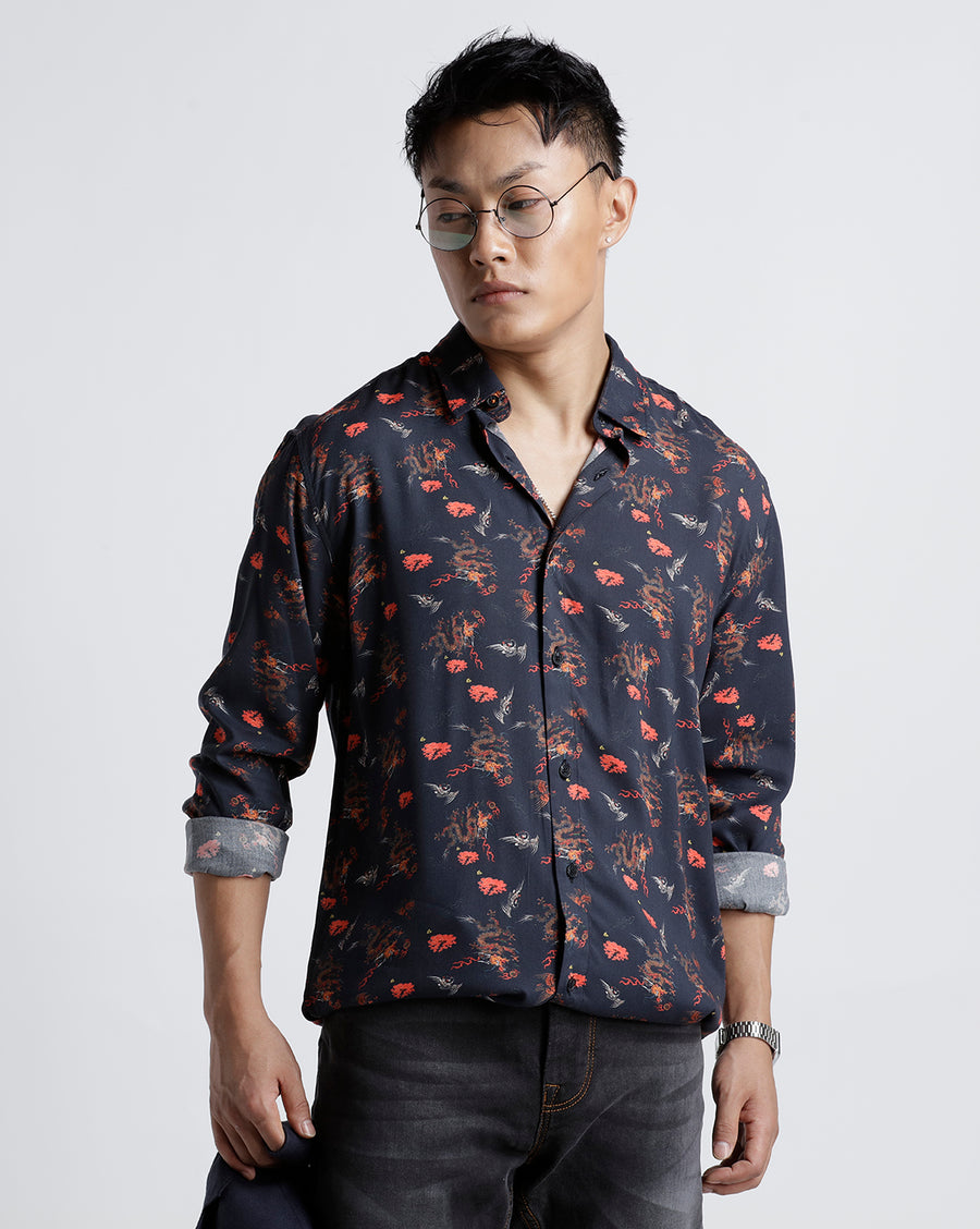 BLACK RED REGULAR  FIT VISCOSE SHIRT