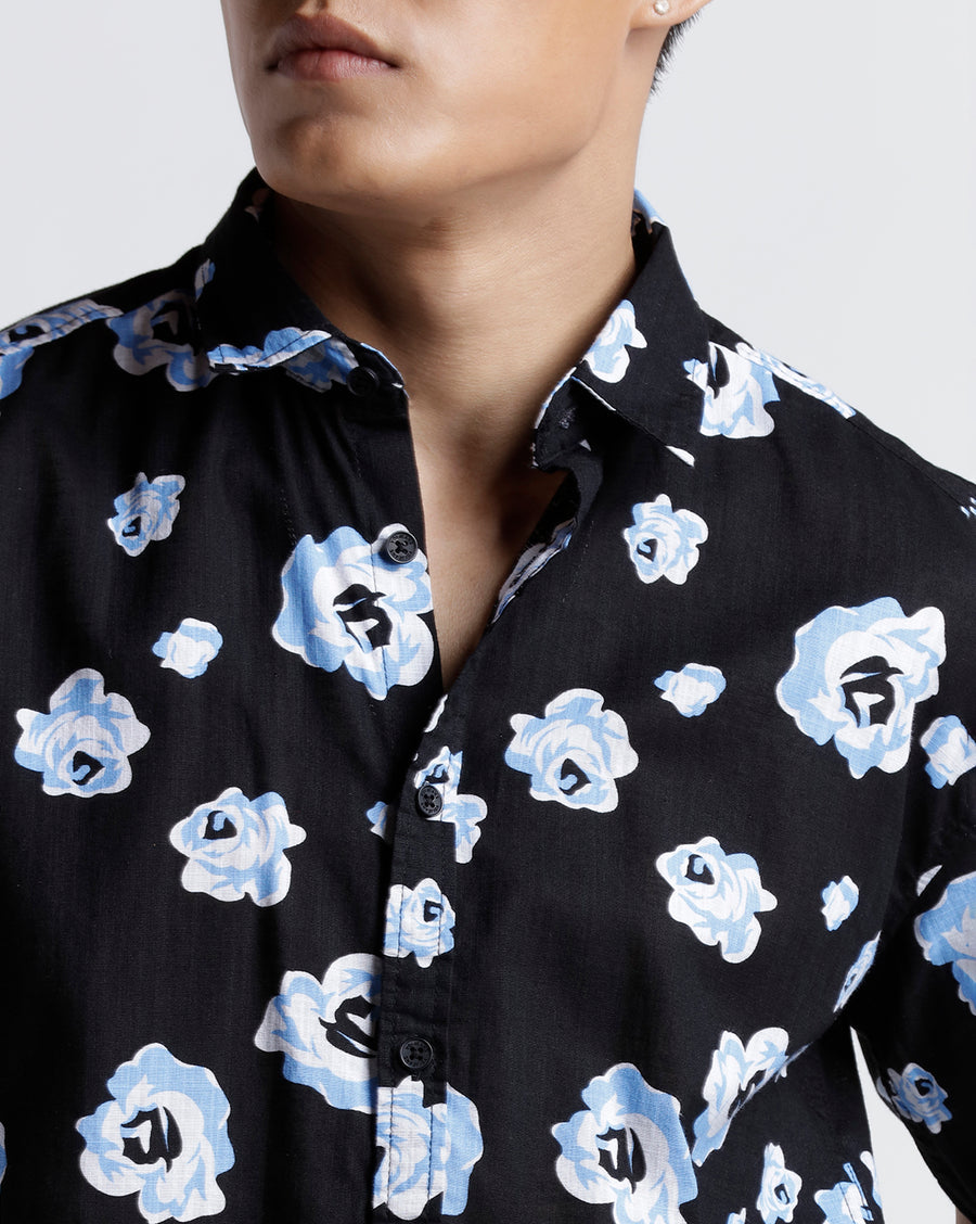 BLACK BLUE BOXY FIT HALF SLEEVE SHIRT