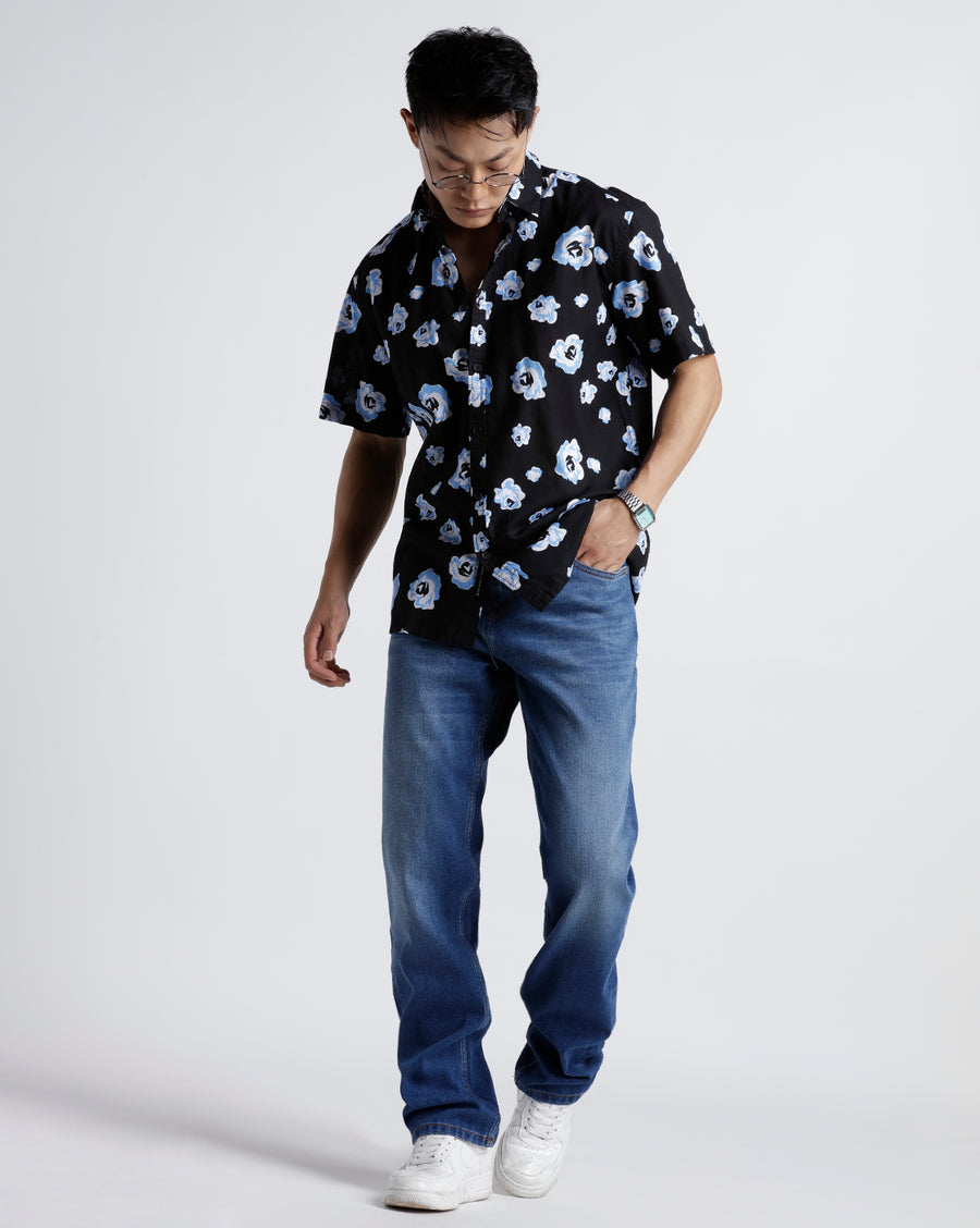 BLACK BLUE BOXY FIT HALF SLEEVE SHIRT