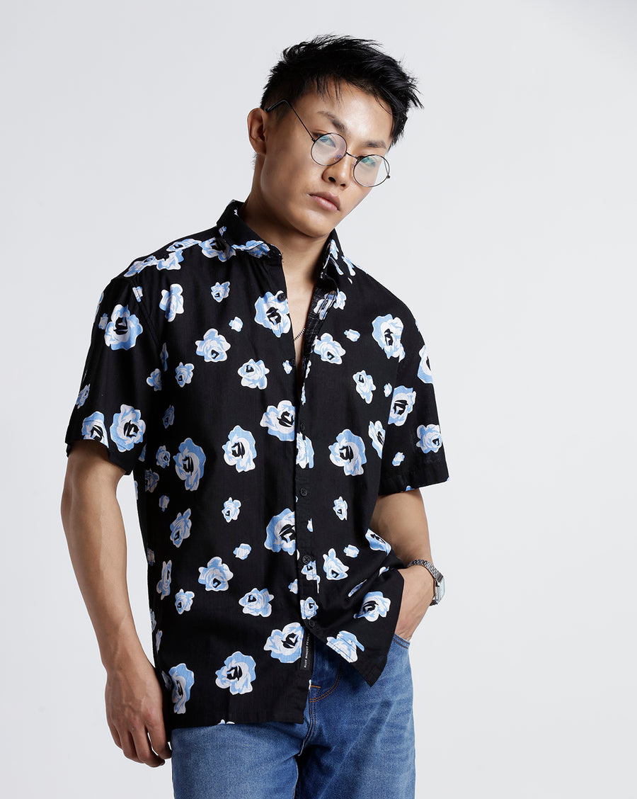 BLACK BLUE BOXY FIT HALF SLEEVE SHIRT