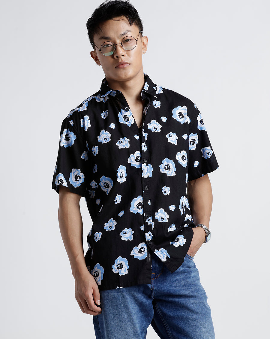 BLACK BLUE BOXY FIT HALF SLEEVE SHIRT