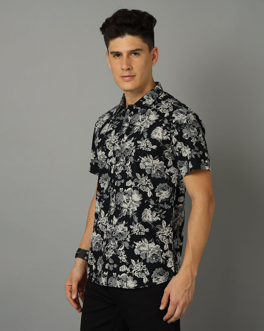 Men-Printed-Black-Collar Neck -Slim Fit-Casual-Shirt