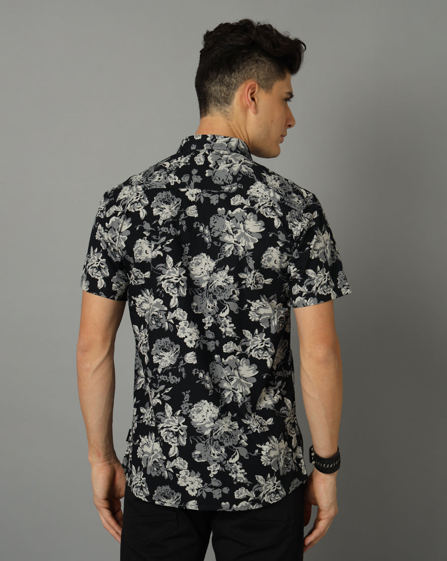 Men-Printed-Black-Collar Neck -Slim Fit-Casual-Shirt