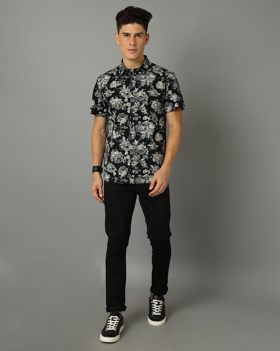 Men-Printed-Black-Collar Neck -Slim Fit-Casual-Shirt