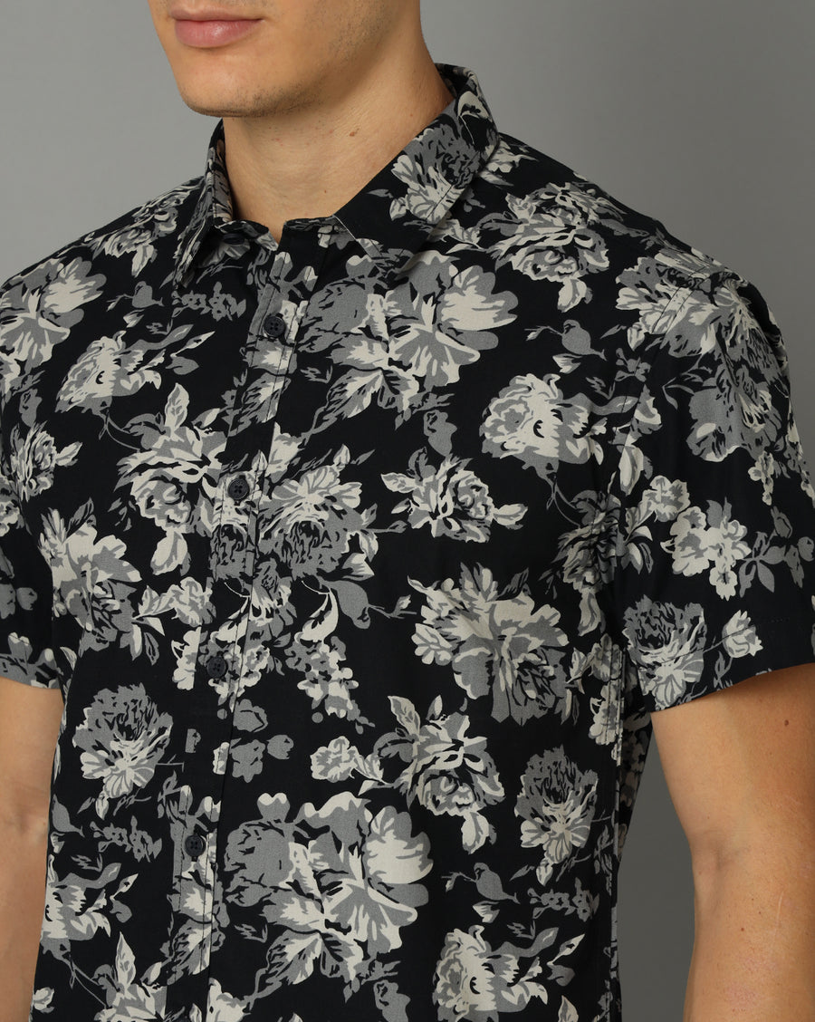 Men-Printed-Black-Collar Neck -Slim Fit-Casual-Shirt