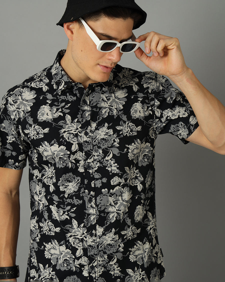 Men-Printed-Black-Collar Neck -Slim Fit-Casual-Shirt