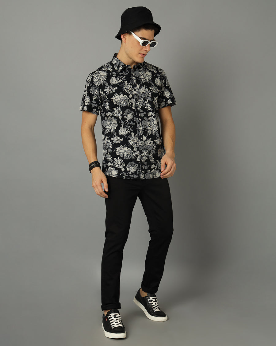 Men-Printed-Black-Collar Neck -Slim Fit-Casual-Shirt