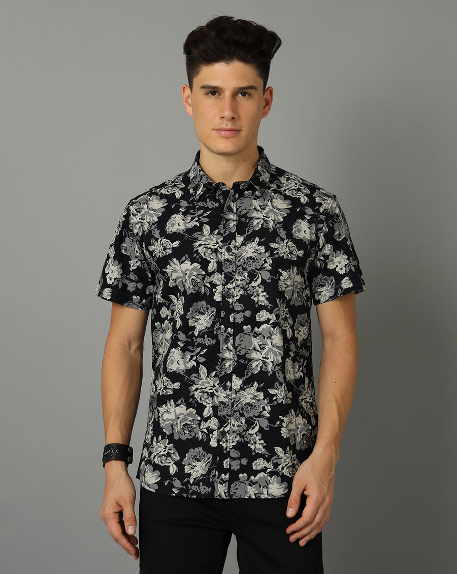 Men-Printed-Black-Collar Neck -Slim Fit-Casual-Shirt