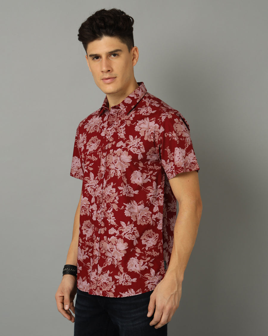 Men-Printed-Maroon-Collar Neck -Slim Fit-Casual-Shirt