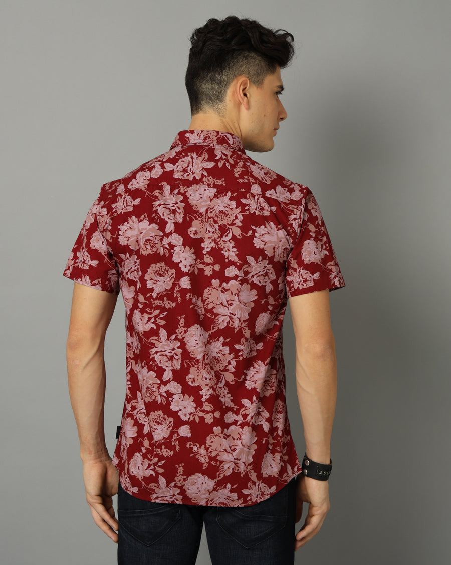 Men-Printed-Maroon-Collar Neck -Slim Fit-Casual-Shirt
