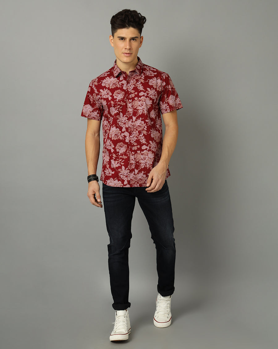 Men-Printed-Maroon-Collar Neck -Slim Fit-Casual-Shirt