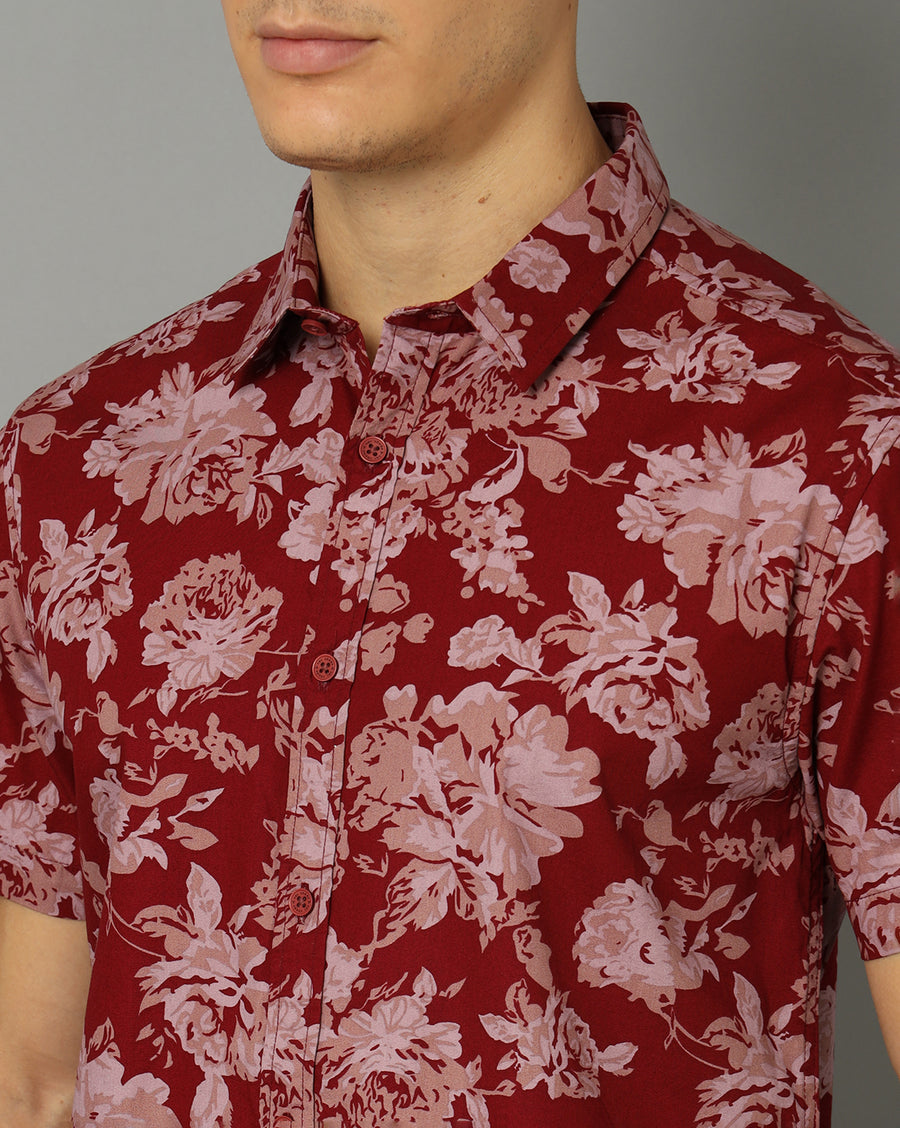 Men-Printed-Maroon-Collar Neck -Slim Fit-Casual-Shirt