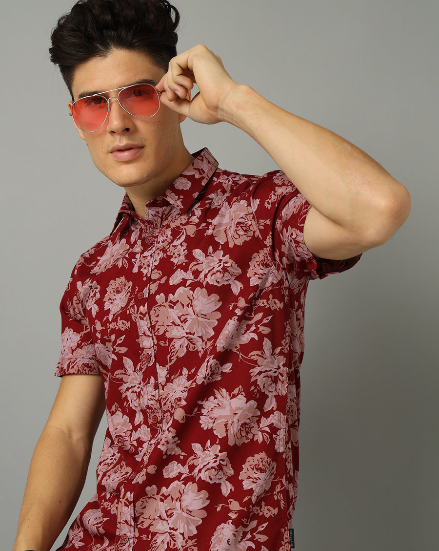 Men-Printed-Maroon-Collar Neck -Slim Fit-Casual-Shirt