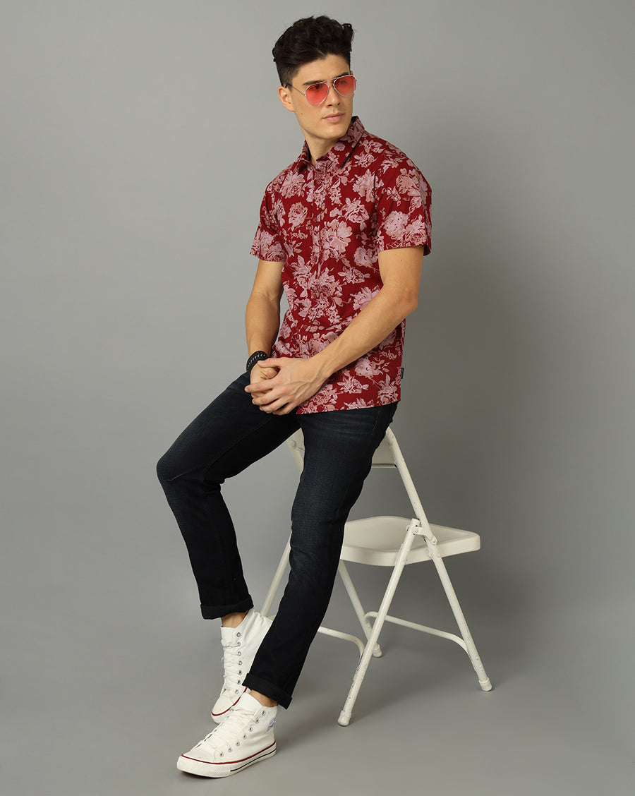 Men-Printed-Maroon-Collar Neck -Slim Fit-Casual-Shirt