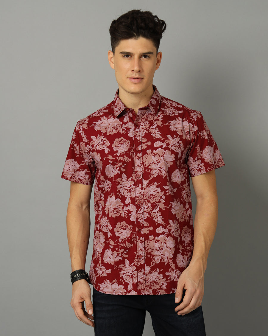 Men-Printed-Maroon-Collar Neck -Slim Fit-Casual-Shirt