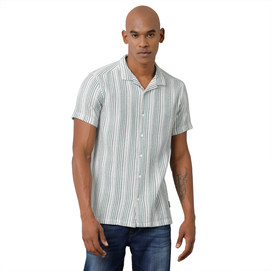 White Green Stripe Slim Fit Shirt