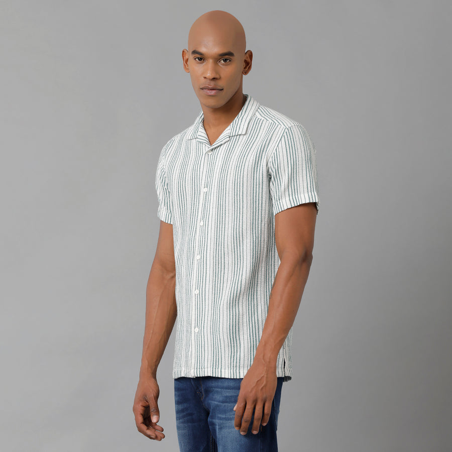 White Green Stripe Slim Fit Shirt