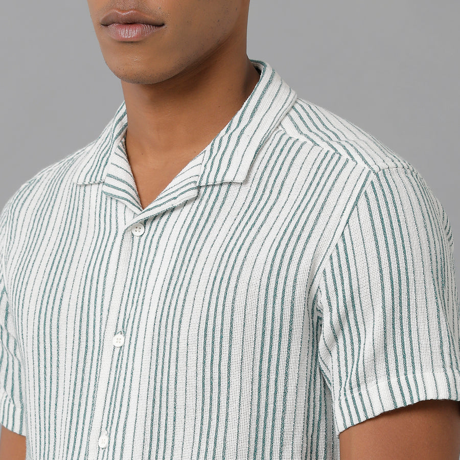 White Green Stripe Slim Fit Shirt